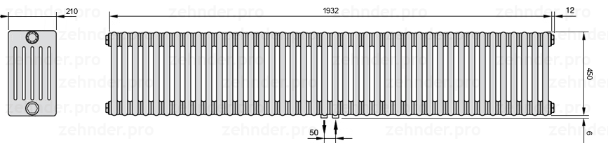 Схема (чертеж) Радиатор Zehnder Charleston 6045/42 №5410 Белый глянцевый RAL 9016